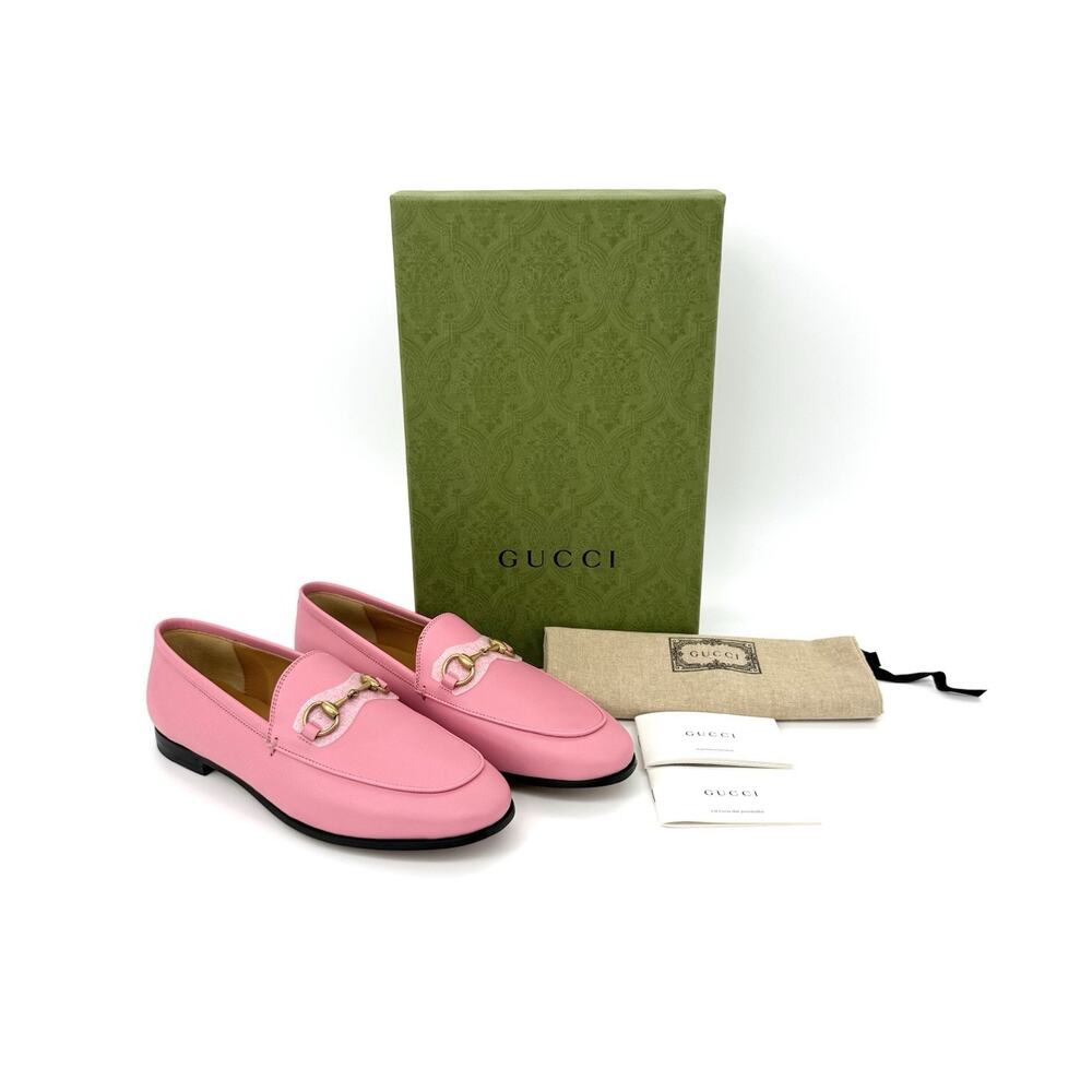 NIB Gucci Jordaan EU 37 US 7 Butterfly Pink Leather Gold Horsebit Flat Loafer - Picture 2 of 15